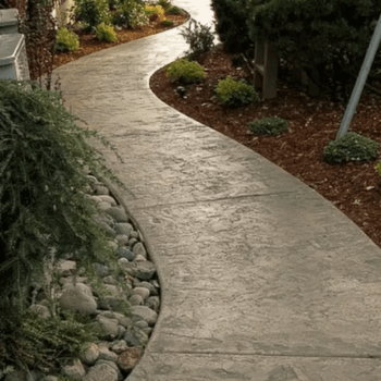 Concrete pathway with landscaping shrubs